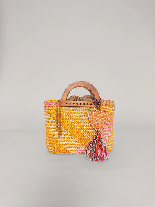 The Sophia - Washed Yellow and Pink with Wooden Handles
