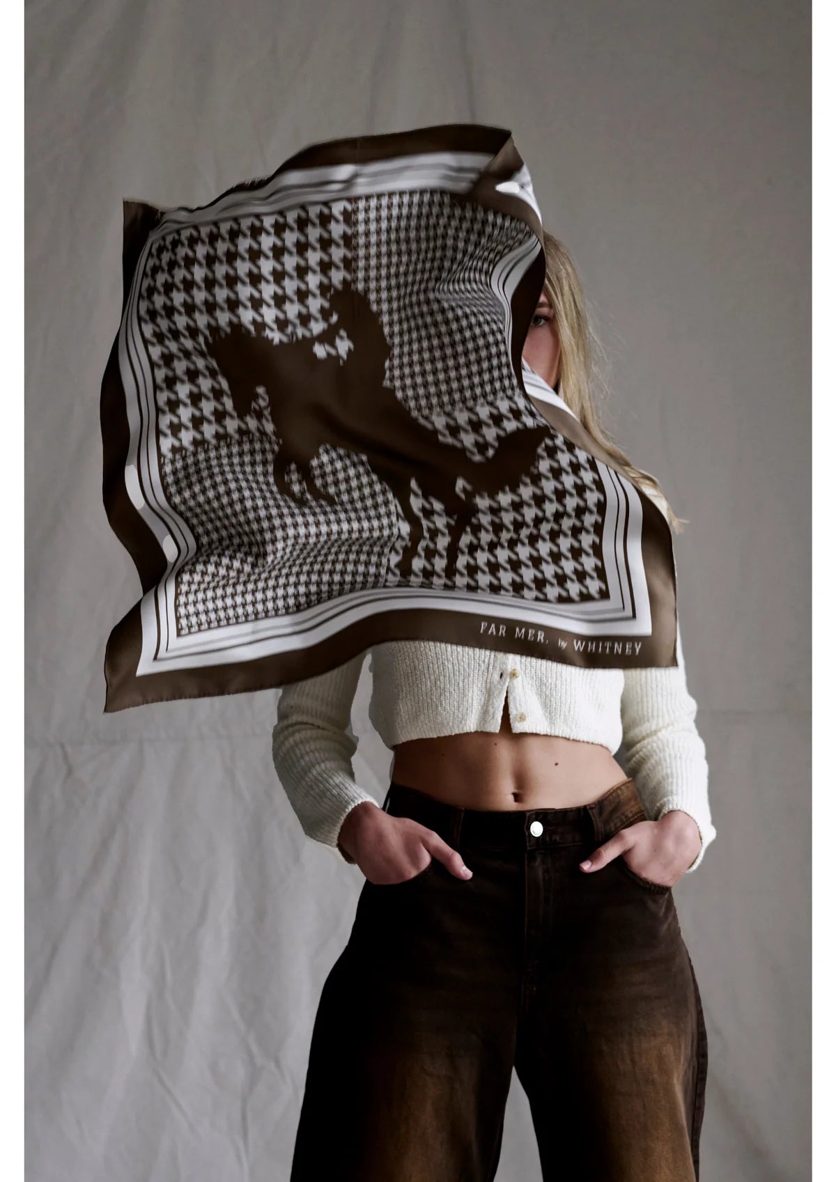 Silk Bandana - Houndstooth Horse Choc