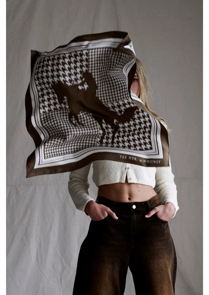 Silk Bandana - Houndstooth Horse Choc