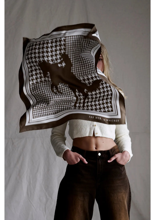 Silk Bandana - Houndstooth Horse Choc
