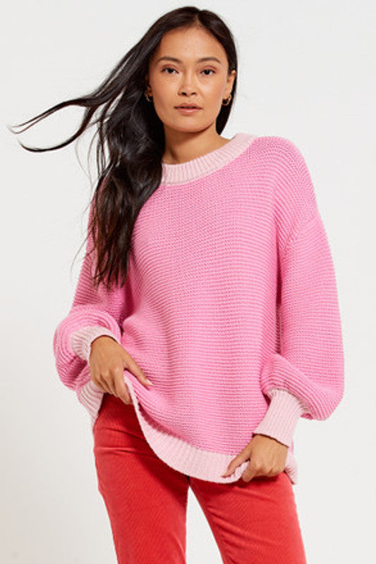 Crew Neck Billow Sleeve Knit Tonal Pink