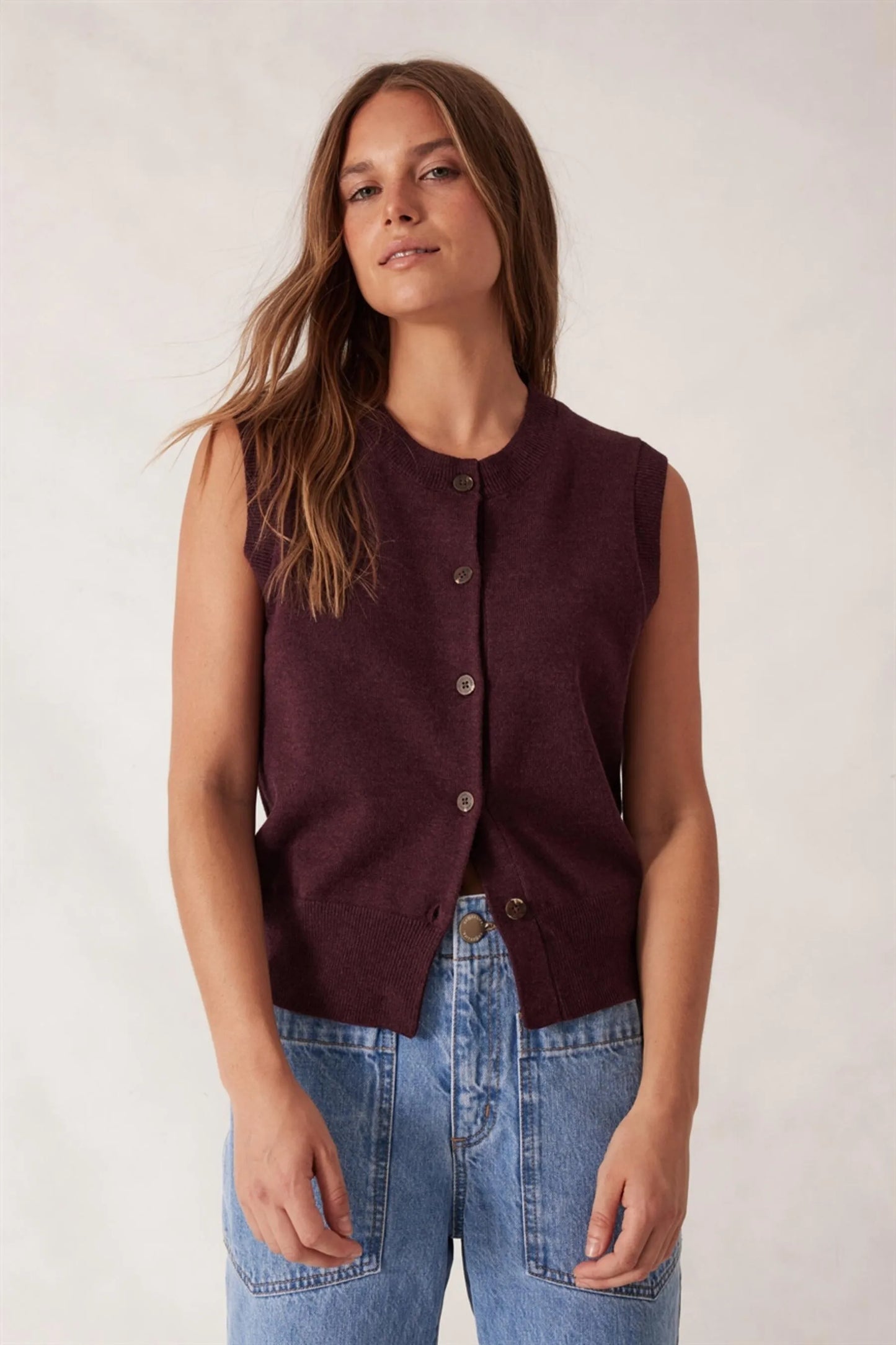 Soft Knit Button Vest Wine