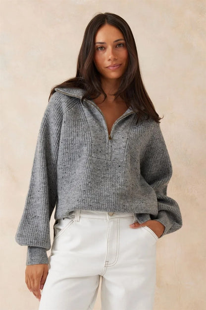 Slouchy Zip Knit Mid Grey