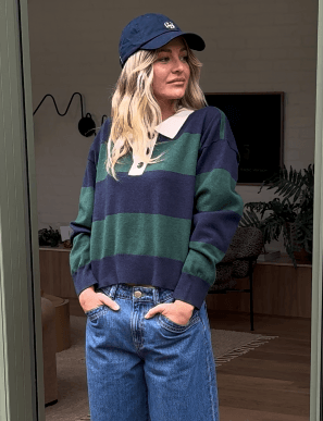 Long Sleeve Rugby Knit Pine Navy Stripe