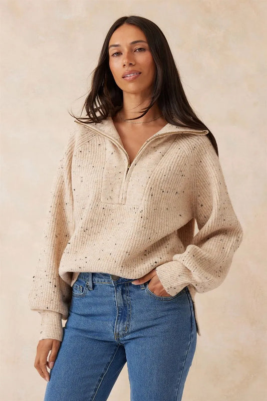 Slouchy Zip Knit Oatmeal