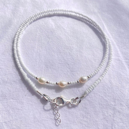 White Glass Bead Necklace Freshwater Pearl