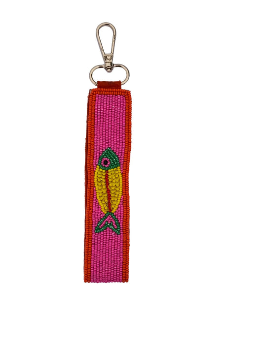 Bright Fish Beaded Keyring ~ Pink