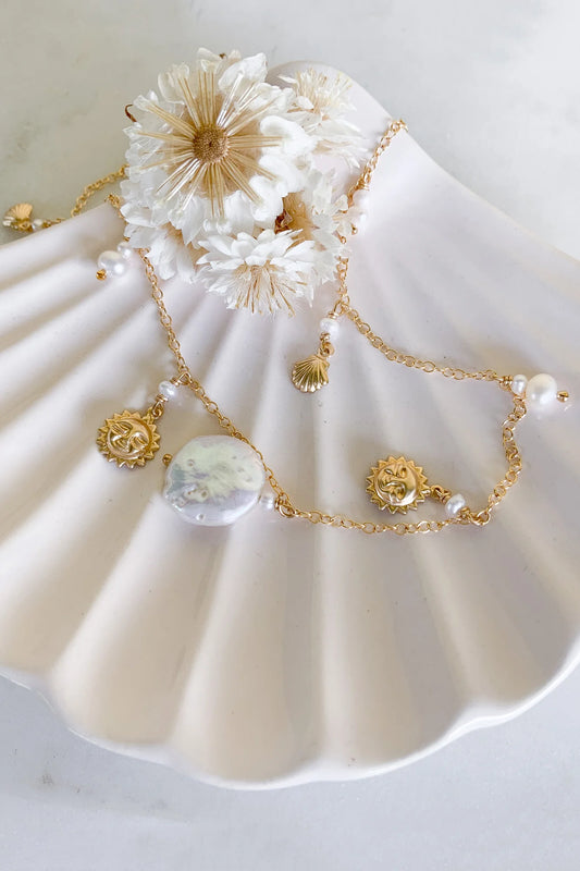 Round Pearl Sun and Shell Necklace Gold Fill