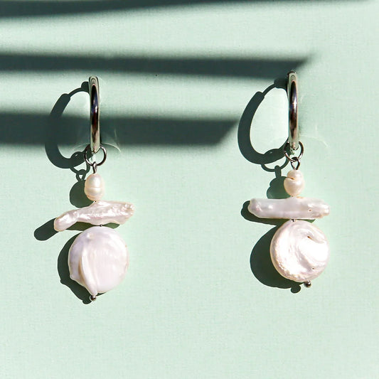 Silver Pearl Huggie Hoops