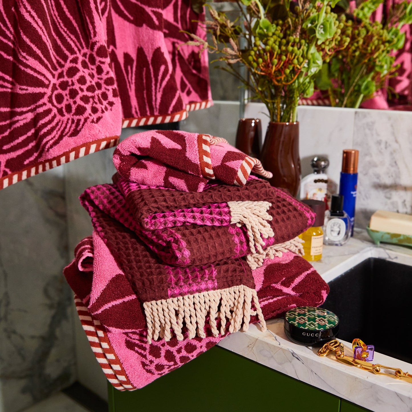 Zelia Waffle Bath Towel Bougainvillea
