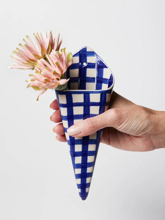 Folly Wall Vase Blue Check