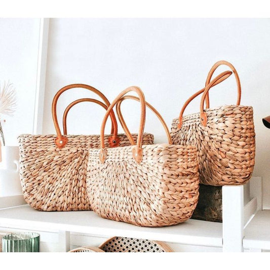 Water Hyacinth Rectangle Basket Leather Handle